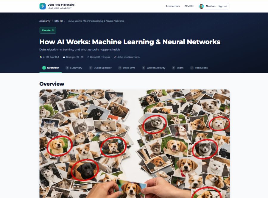 Screenshot of an Artificial Intelligence lesson in the Debt Free Millionaire Academy